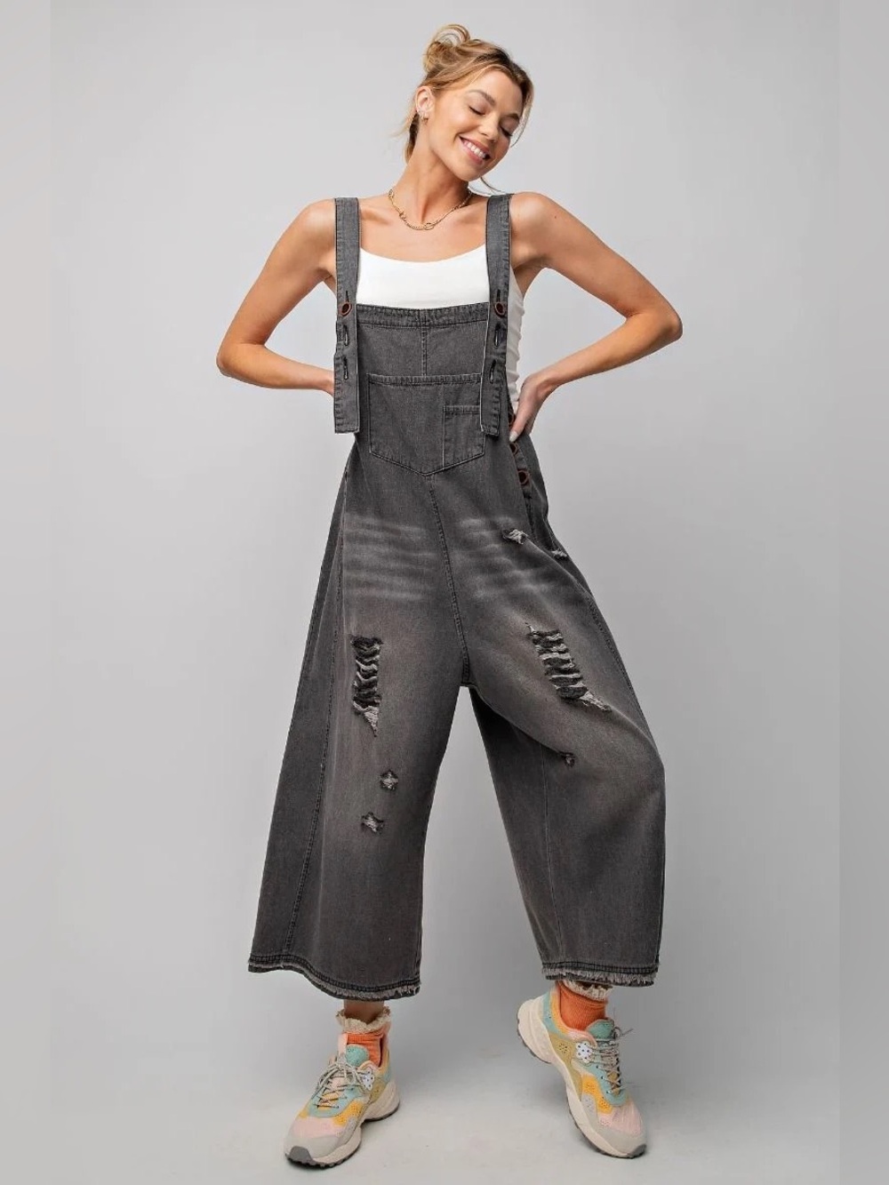 Easel Womens Distressed
Wide Leg Denim Overalls Faded Black Small Relaxed Boho